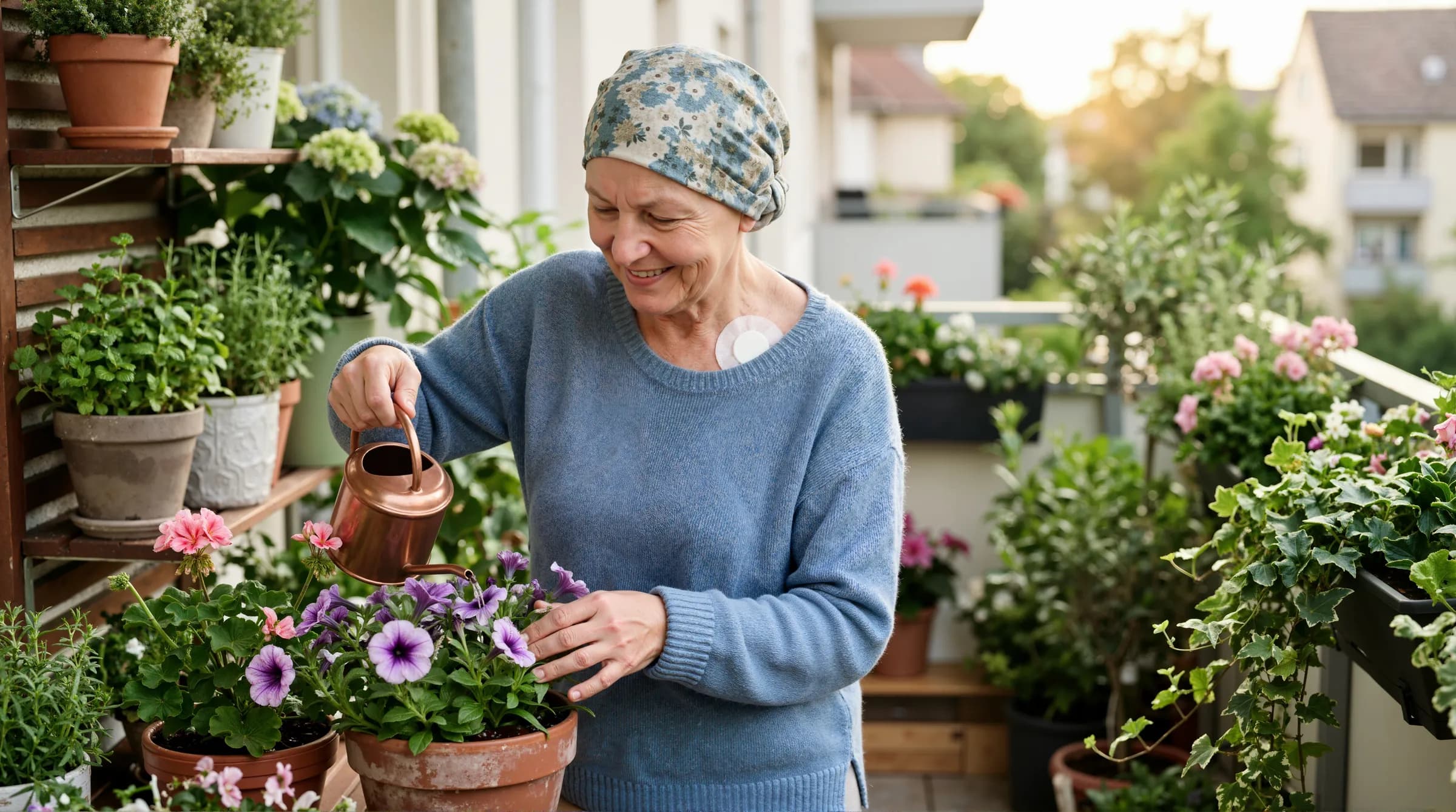 Femme avec un foulard, en traitement, arrosant ses fleurs sur son balcon au soleil