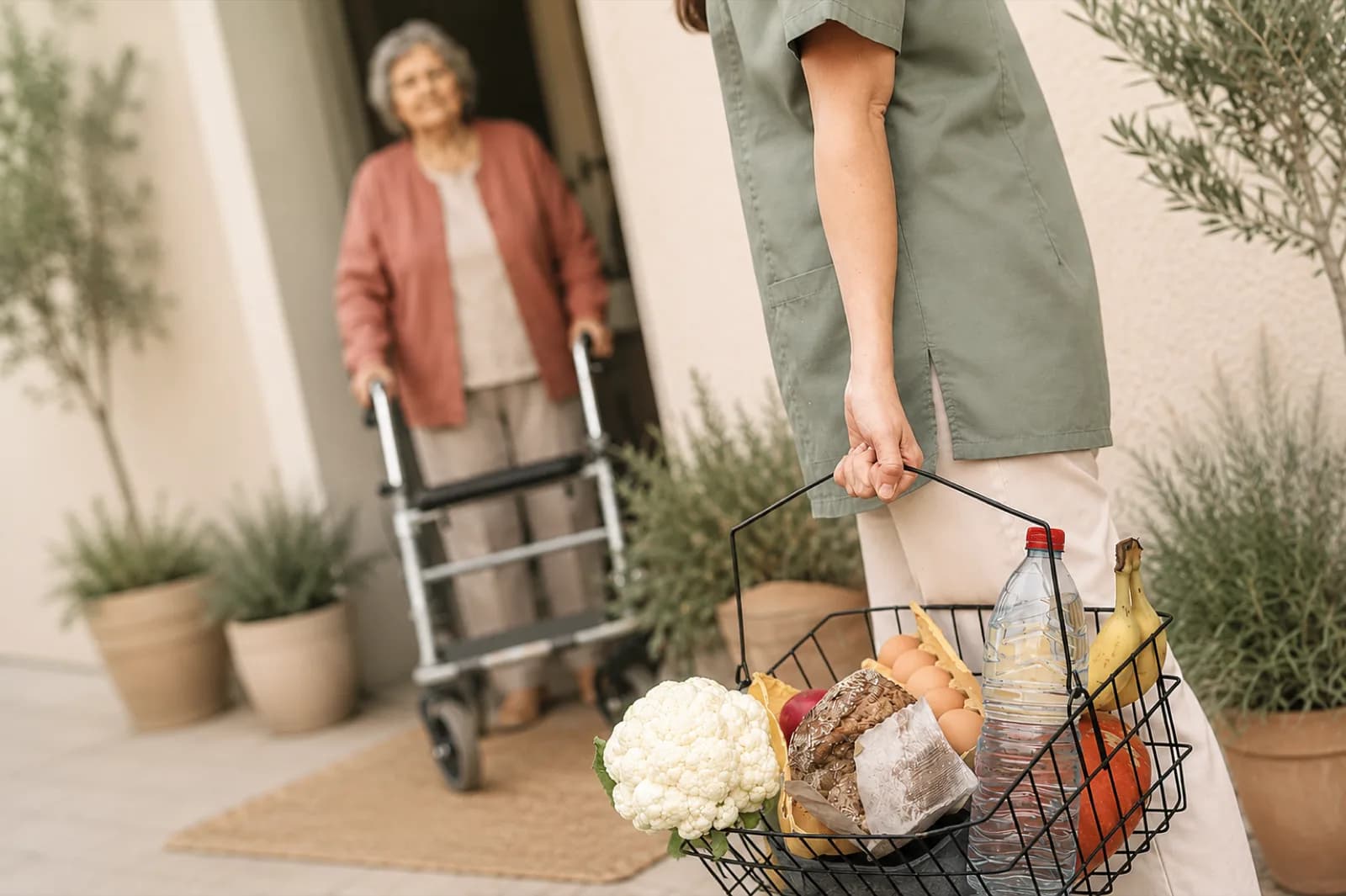 Soignante apportant un panier de courses à une dame âgée avec déambulateur, sur le pas de sa porte