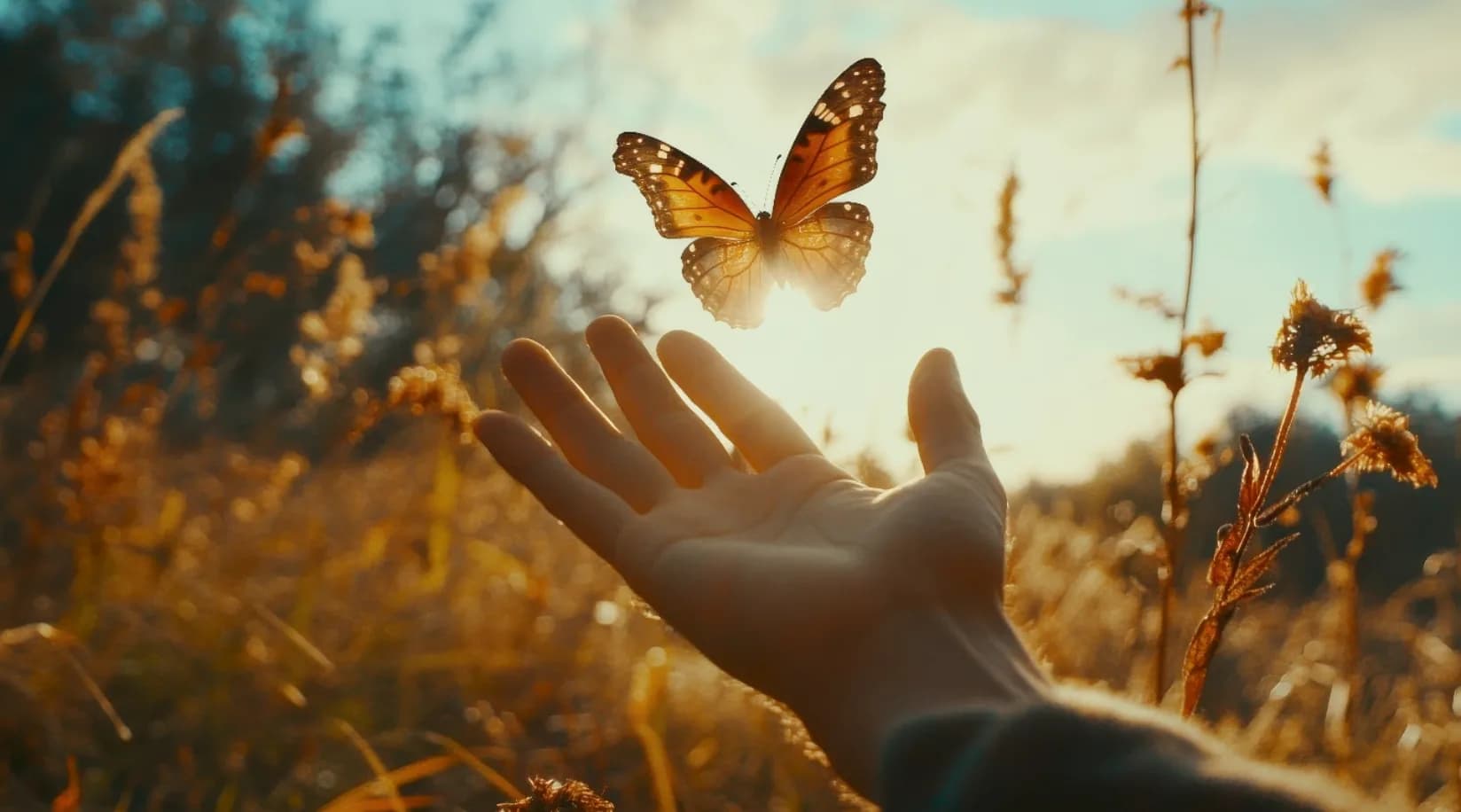 Une main ouverte vers un papillon qui s'envole dans la lumière dorée d'un champ
